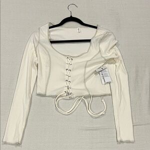 BP Ivory Lace-Up Long Sleeve Cropped Blouse